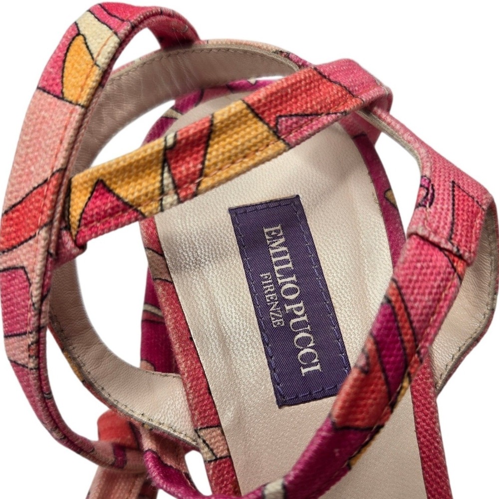 Emilio Pucci Y2K Raffia Espadrille Wedge Sandals 38 Pink Abstract Italy Tie Heel - Picture 2 of 16